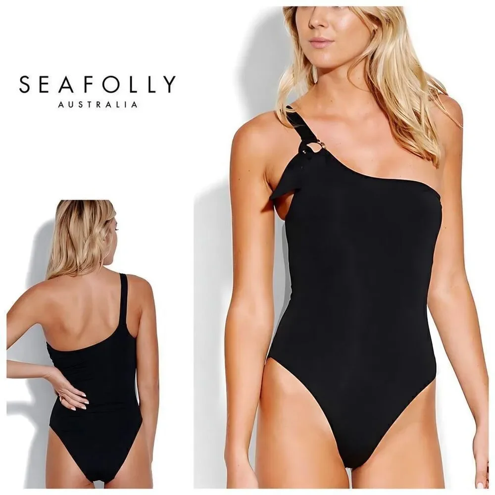 New. Seafolly black one shoulder swimsuit. Size 8. Retails $148